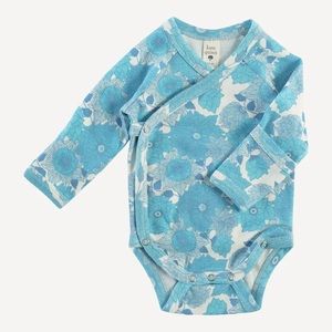 Kate Quinn EUC Long Sleeve Organic Cotton Wrap Bodysuit Blue Vintage Floral 0-3